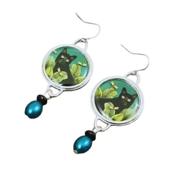 Black Cat Dragonfly Earrings Nature Boho Dangle Teal Bead Animal Lover Earrings - Picture 10 of 10